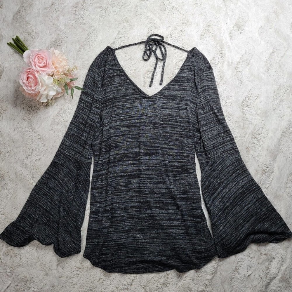 Loft Charcoal Heather Gray Knit Bell Sleeve V Neck Soft Top Size S